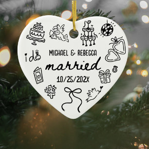 Whimsical Hand Drawn Newlywed First Christmas Ceramic Tree Decoration