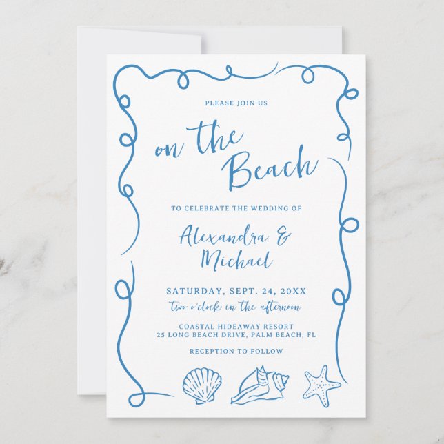 Whimsical Hand Drawn On the Beach Wedding Invitation (Front)
