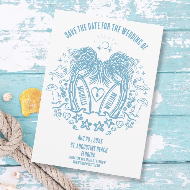 Whimsical Hand Drawn Palm Beach Doodle Wedding Save The Date (whimsical blue doodle beach wedding save the date with palm trees forming a heart)