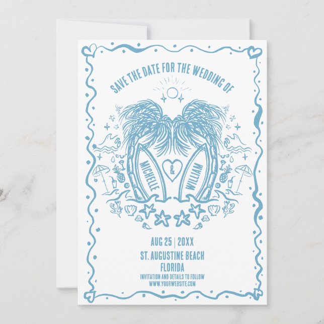 Whimsical Hand Drawn Palm Beach Doodle Wedding Save The Date (Front)
