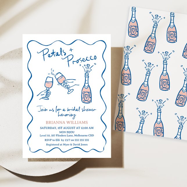Whimsical Hand Drawn Petals Prosecco Bridal Shower Invitation (Petals and Prosecco Bridal Shower Invitation Whimsical, Hand Drawn Illustration, Blue Pink Bottle)