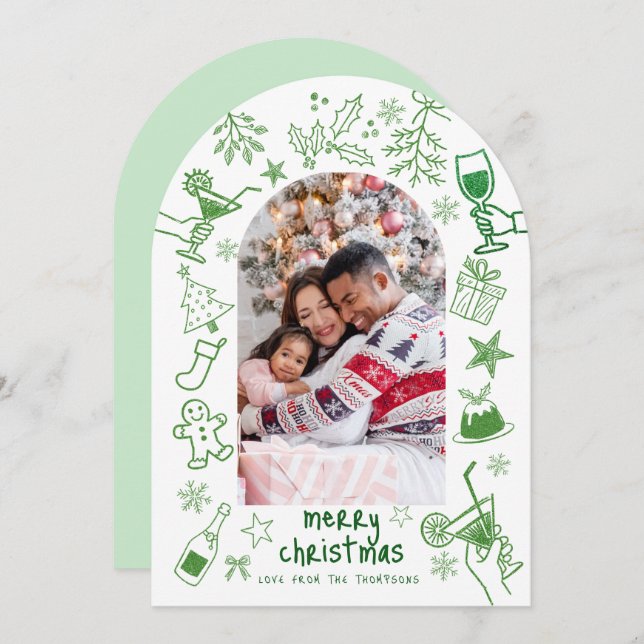 Whimsical hand drawn Photo Merry Christmas Arch Invitation (Front/Back)