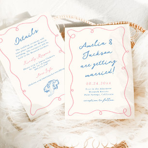 Whimsical Hand Drawn Pink & Blue Wedding + Details Invitation