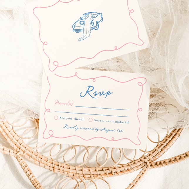 Whimsical Hand Drawn Pink & Blue Wedding RSVP Invitation (Creator Uploaded)