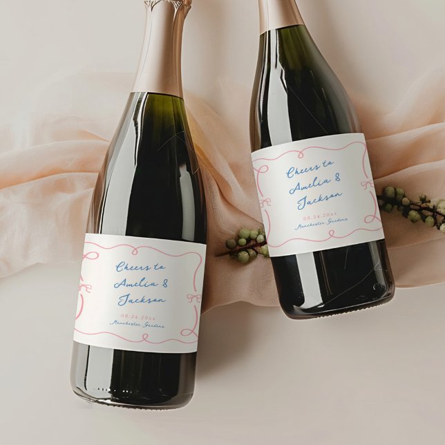 Whimsical Hand Drawn Pink & Blue Wedding Sparkling Wine Label (Creator Uploaded)
