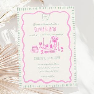 Whimsical Hand Drawn Pink Bow Wavy Wedding Invitation