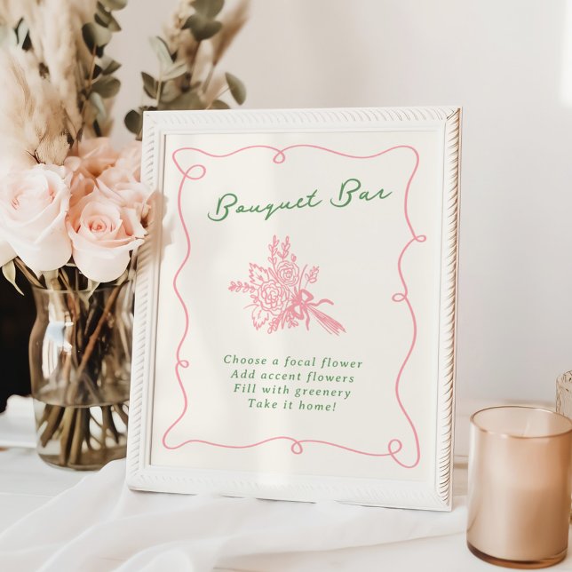 Whimsical Hand Drawn Pink & Green Bouquet Bar Poster (Creator Uploaded)