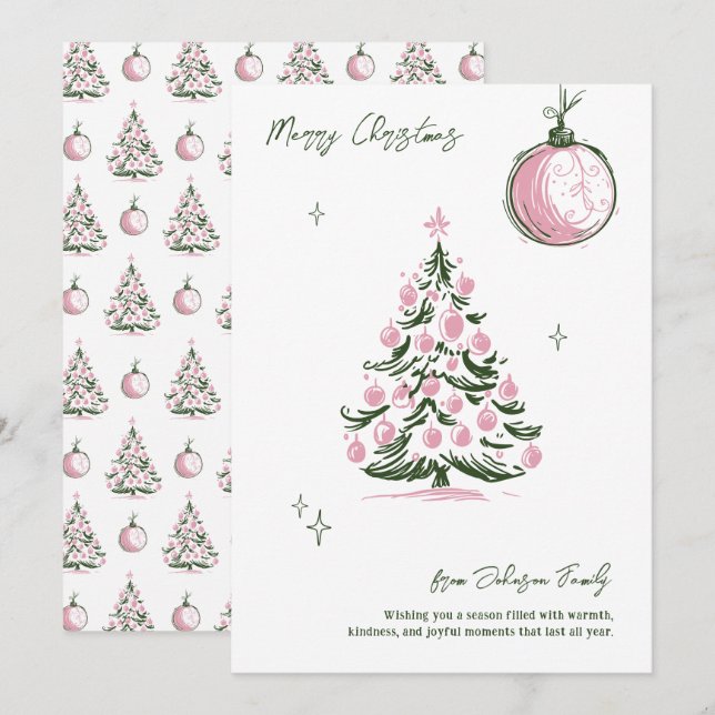 Whimsical Hand Drawn Pink & Green Christmas Tree Holiday Card (Front/Back)