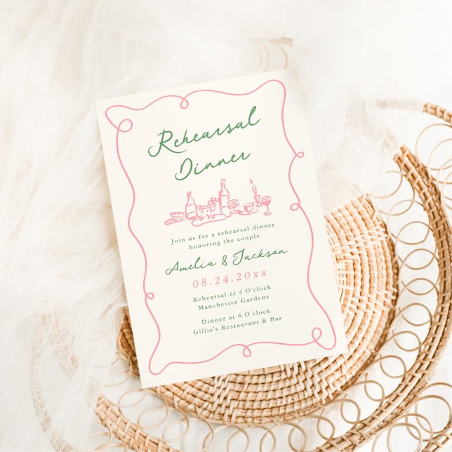 Whimsical Hand Drawn Pink & Green Rehearsal Dinner Invitation (Creator Uploaded)