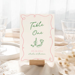 Whimsical Hand Drawn Pink & Green Table Number