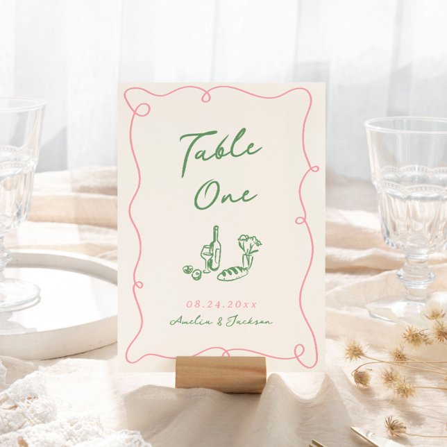 Whimsical Hand Drawn Pink & Green Table Number (Creator Uploaded)