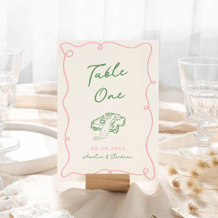 Whimsical Hand Drawn Pink & Green Table Number