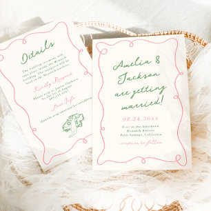 Whimsical Hand Drawn Pink & Green Wedding Details Invitation