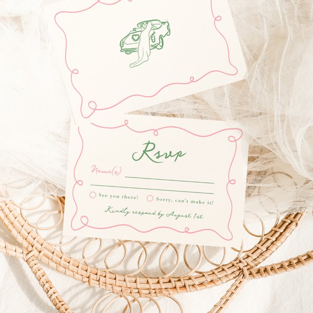 Whimsical Hand Drawn Pink & Green Wedding RSVP Invitation (Creator Uploaded)