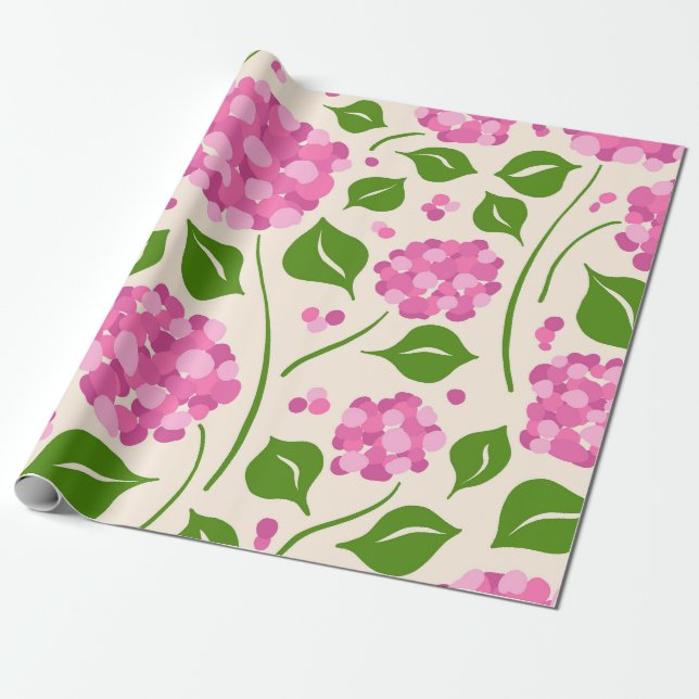Whimsical Hand-Drawn Pink Hydrangea Botanical Wrapping Paper (Unrolled)