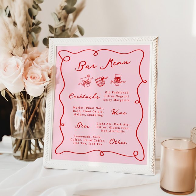 Whimsical Hand Drawn Pink & Red Bar Menu Poster (Creator Uploaded)