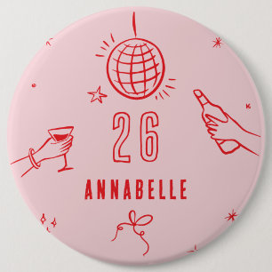 whimsical hand drawn pink red birthday drinks 6 cm round badge