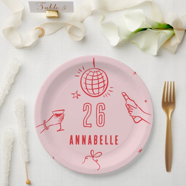 whimsical hand drawn pink red birthday drinks paper plate (Wedding)