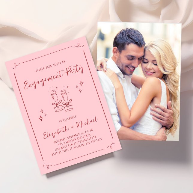 Whimsical Hand Drawn Pink Red Engagement Party Invitation (Creator Uploaded)