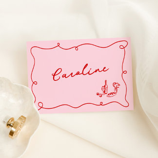 Whimsical Hand Drawn Pink & Red Place Card