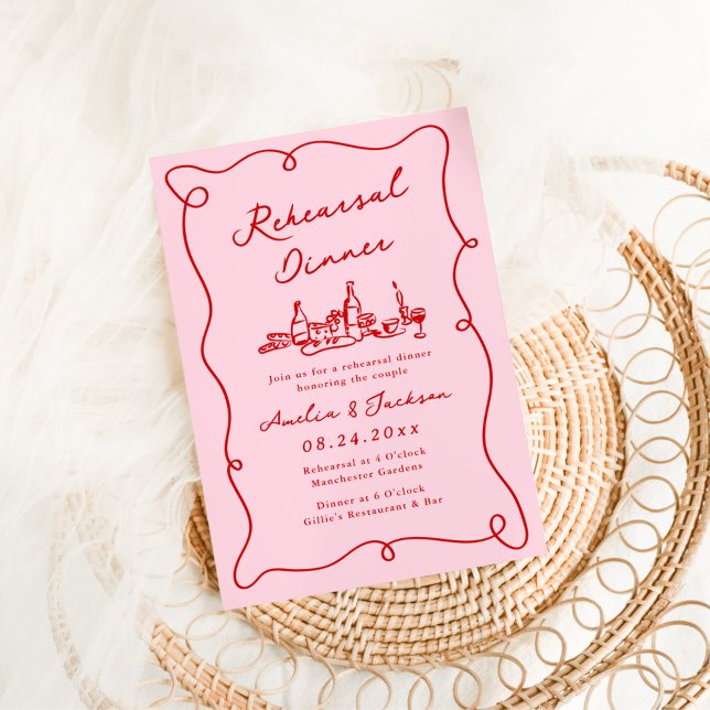 Whimsical Hand Drawn Pink & Red Rehearsal Dinner Invitation (Creator Uploaded)