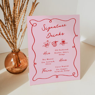 Whimsical Hand Drawn Pink & Red Signature Drinks Pedestal Sign
