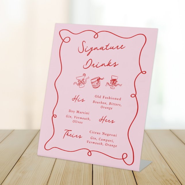 Whimsical Hand Drawn Pink & Red Signature Drinks Pedestal Sign (Creator Uploaded)