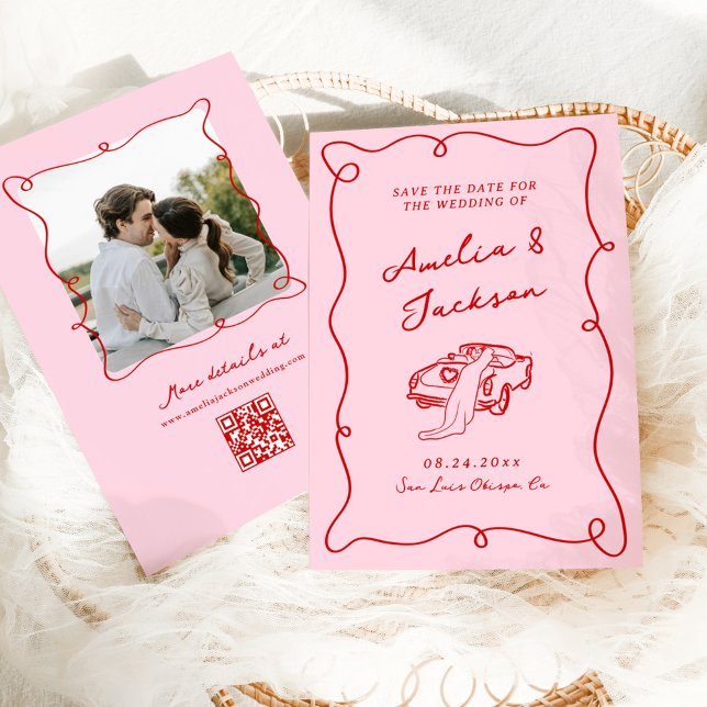 Whimsical Hand Drawn Pink & Red Wedding + Details Save The Date (Creator Uploaded)