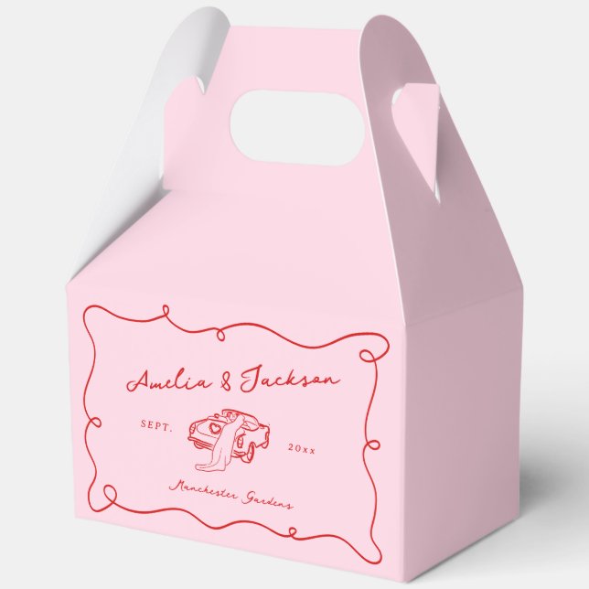 Whimsical Hand Drawn Pink & Red Wedding Favour Box (Front)