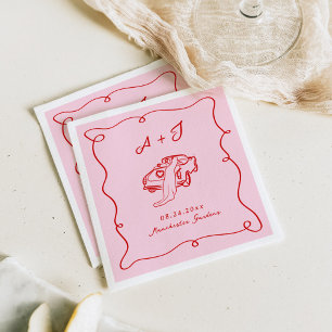 Whimsical Hand Drawn Pink & Red Wedding Napkin
