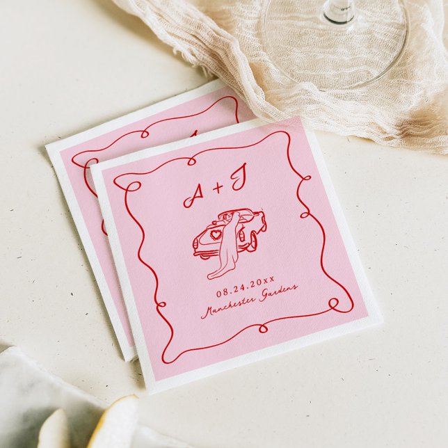 Whimsical Hand Drawn Pink & Red Wedding Napkin (Creator Uploaded)