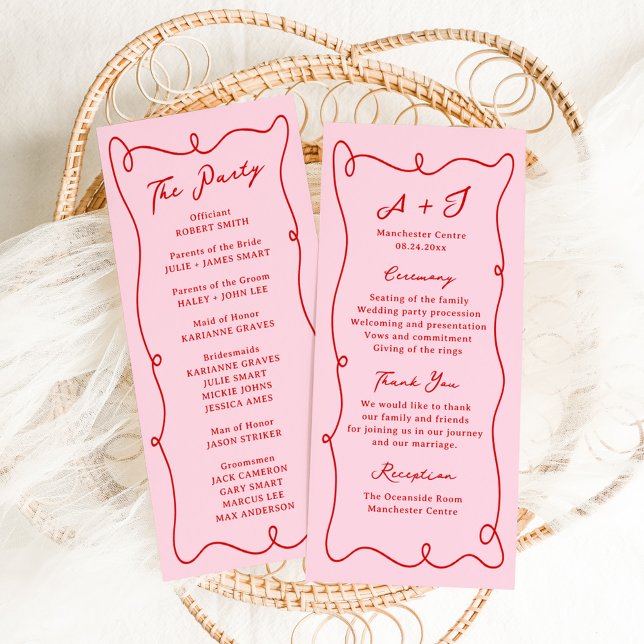 Whimsical Hand Drawn Pink & Red Wedding Program Menu (Creator Uploaded)