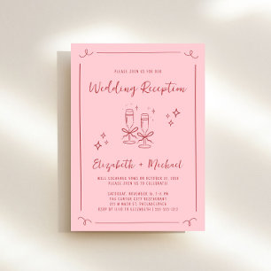 Whimsical Hand Drawn Pink Red Wedding Reception Invitation