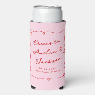 Whimsical Hand Drawn Pink & Red Wedding Seltzer Can Cooler