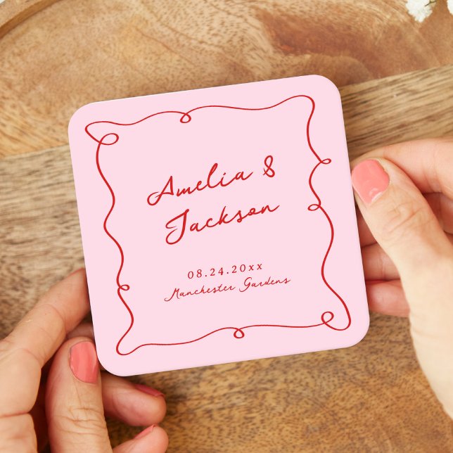 Whimsical Hand Drawn Pink & Red Wedding Square Paper Coaster (Creator Uploaded)