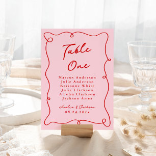 Whimsical Hand Drawn Pink & Red Wedding Table Number