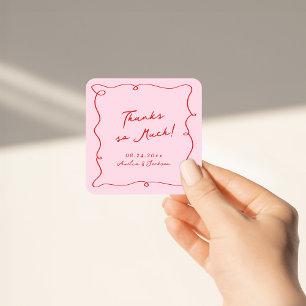 Whimsical Hand Drawn Pink & Red Wedding Thank You Square Sticker