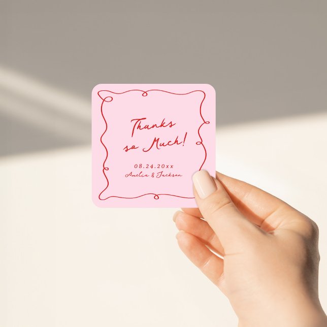 Whimsical Hand Drawn Pink & Red Wedding Thank You Square Sticker (Creator Uploaded)