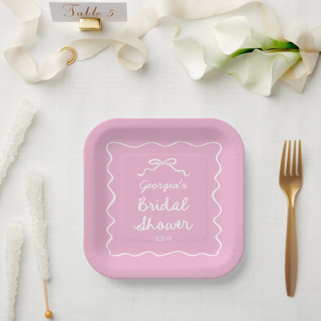 Whimsical Hand Drawn Pink White Bow Bridal Shower Paper Plate (Wedding)