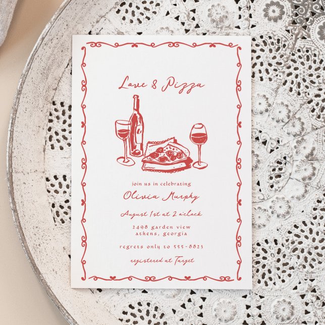 Whimsical Hand Drawn Pizza & Wine Bridal Shower Invitation (Creator Uploaded)
