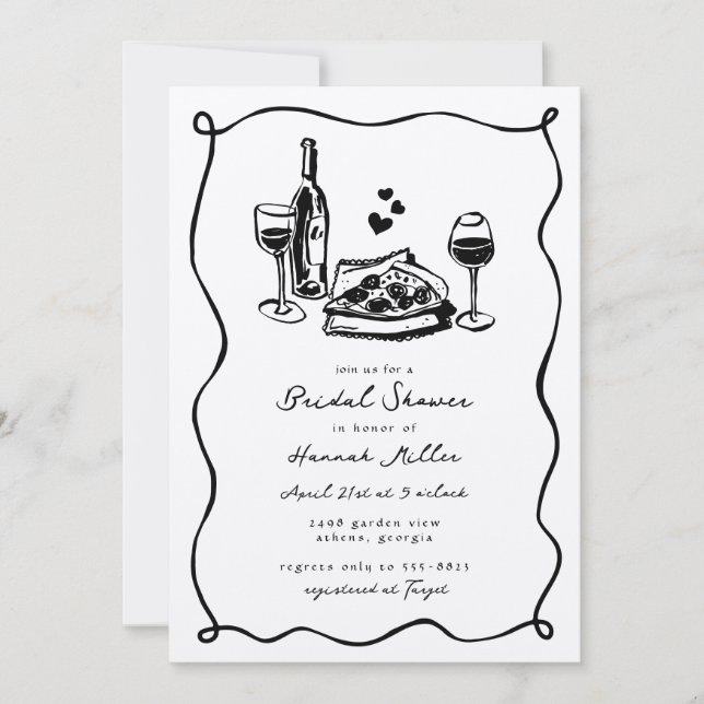 Whimsical Hand Drawn Pizza Wine Bridal Shower Invitation (Front)