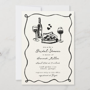 Whimsical Hand Drawn Pizza Wine Bridal Shower Invitation