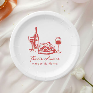 Whimsical Hand Drawn Pizza Wine Wedding Paper Plate