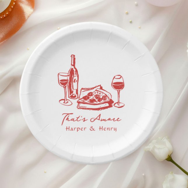 Whimsical Hand Drawn Pizza Wine Wedding Paper Plate (Creator Uploaded)