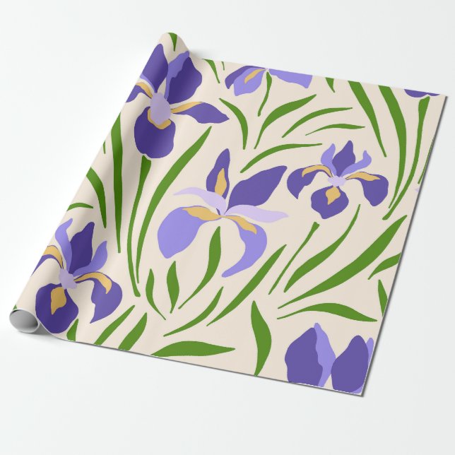 Whimsical Hand-Drawn Purple Iris Botanical Wrapping Paper (Unrolled)