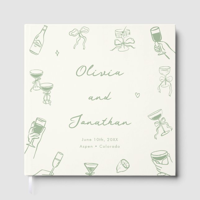 Whimsical Hand Drawn Quirky Green Wedding Guest Book (Front)