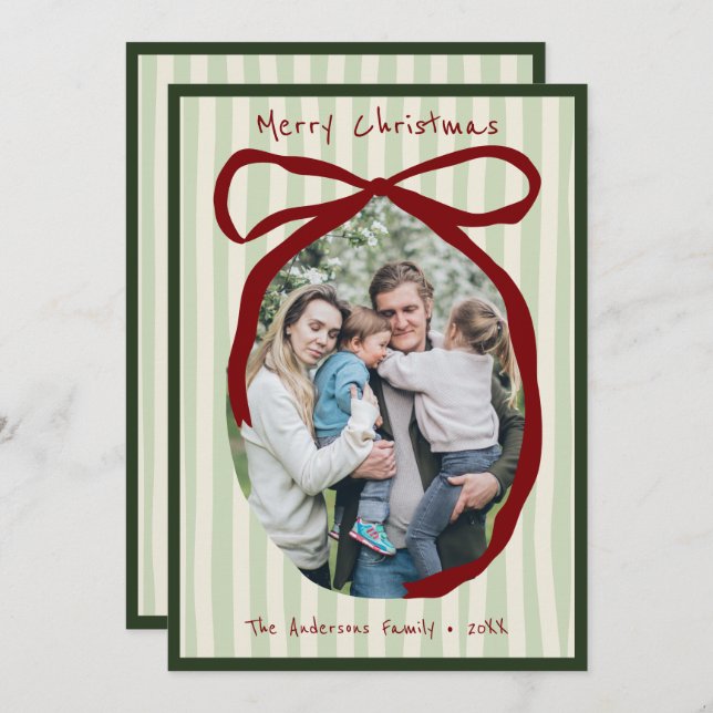 Whimsical Hand Drawn Quirky Red Wavy Ribbon Photo Holiday Card (Front/Back)