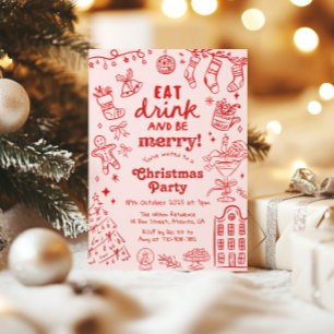 Whimsical Hand Drawn Red and Pink Christmas Party Invitation