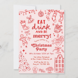 Whimsical Hand Drawn Red and Pink Christmas Party Invitation