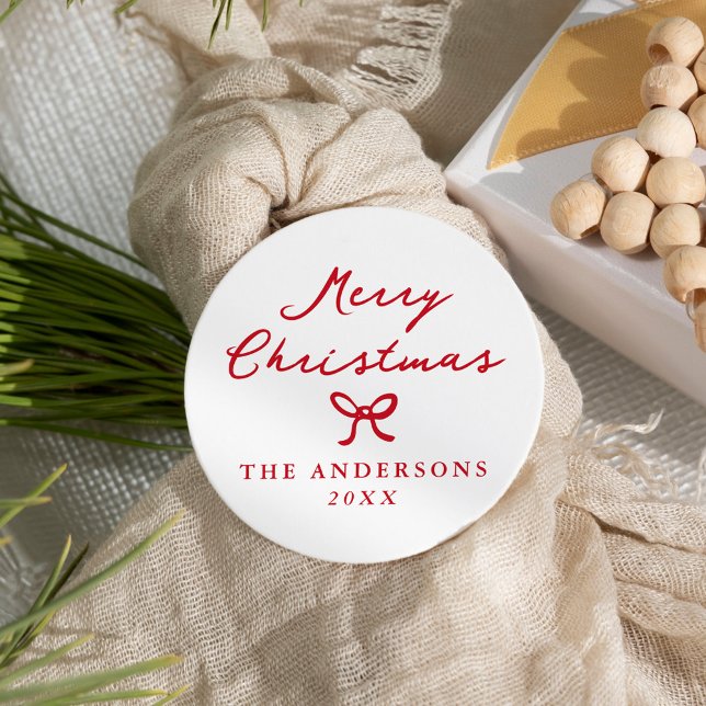 Whimsical Hand-Drawn Red Bow Christmas Classic Round Sticker (Creator Uploaded)
